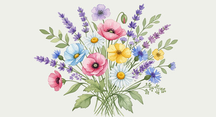 Vibrant watercolor bouquet of fresh wildflowers and garden blossoms © icik icik bum