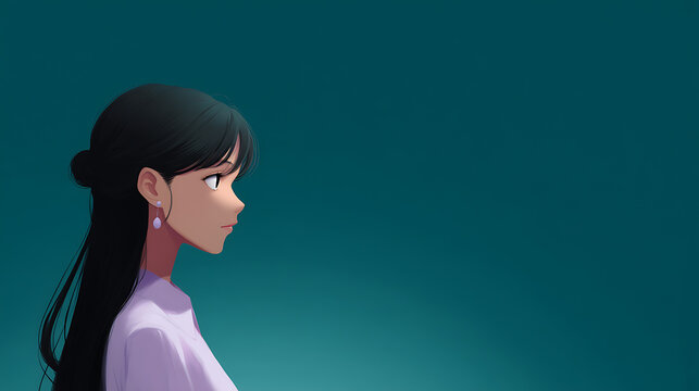 A minimalist profile of a graceful woman facing toward light. The woman has long black hair and is wearing a white dress. A light blue backdrop.