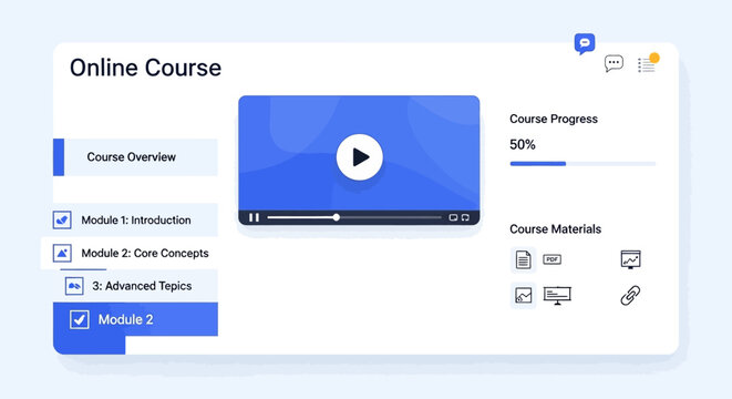 Online course platform user interface with video player and progress bar.