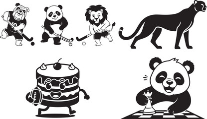 Vector black and white animal characters playing hockey and chess, panther, cake mascot, isolated on white