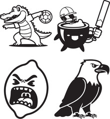 Vector cartoon animal and fruit mascots set: alligator playing soccer, angry lemon, eagle, and skull in cup playing cricket, isolated on white
