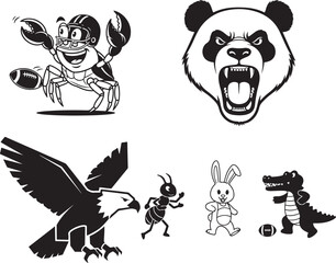 Vector sports mascots: crab playing football, angry panda, flying eagle, ant, rabbit, alligator with football, black and white isolated on white