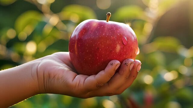 A persons hand gently cradles a vibrant, freshly picked red apple, glistening with dew, against a beautifully blurred background of lush green foliage and warm, golden hour sunlight in a serene orcha.