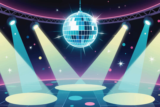 Vibrant disco scene with glowing disco ball, colorful spotlights, circular dance floor, and festive sparkling atmosphere.