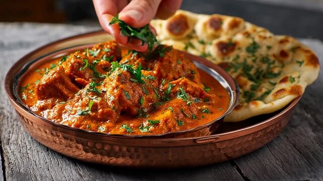 traditional indian butter chicken with garlic naan