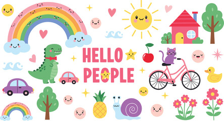 Cute colorful cartoon elements vector set with rainbow, animals and hello people text for kids design © Kharshad Creative