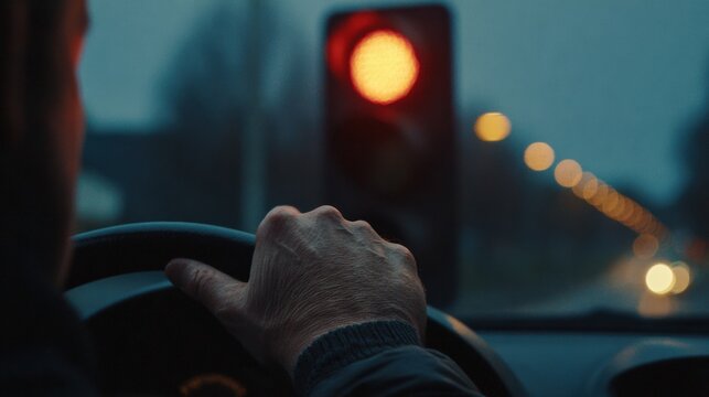 Driver Waiting at Red Traffic Light in Evening Light With Relaxed Hands on Steering Wheel and Minimal Surroundings Highlighting Message of Patience