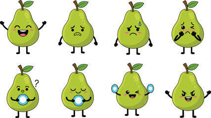 Cute cartoon pear characters set with multiple facial expressions kawaii fruit mascot illustrations for stickers and branding