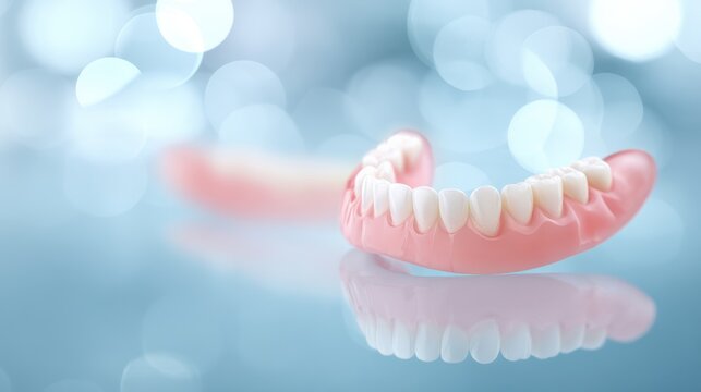 Human dentures displayed on a reflective surface with a blurred blue background, showcasing dental prosthetics and oral health products