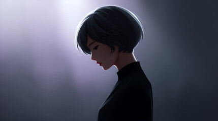 A thoughtful young lady with short hair, in a deep contemplation under the light 