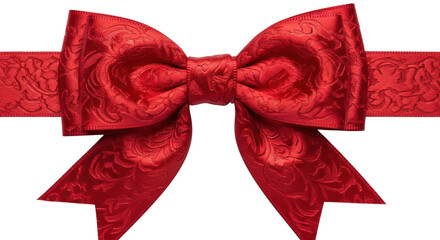 赤いダマスク柄サテンリボンのギフト包装バナー、結び目と蝶結びの布テクスチャ、横長デザイン for web banner or gift wrap