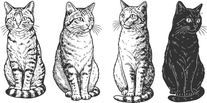 set of four hand drawn cats sitting in different poses with detailed fur patterns