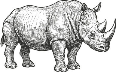 Fototapeta premium Detailed ink drawing of a rhinoceros standing, wildlife illustration, animal sketch in black and white