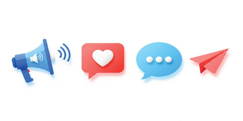 3D Social Media Communication Icon Set with Megaphone, Like Heart, Chat Bubble, and Paper Plane Symbols for Marketing, Messaging, and App Interfaces