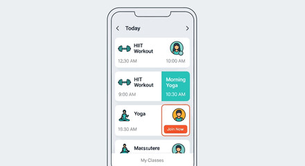 Mobile app showing fitness classes and workout schedule for today