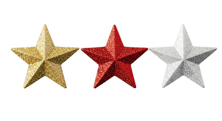 Obraz premium medium close-up of three shimmering, photorealistic gold, red, and silver glitter stars perfectly lit in a studio, casting soft reflections on a dark base. holiday spirit atmosphere