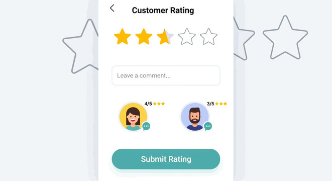 Customer rating and user feedback form with star reviews on a digital interface.