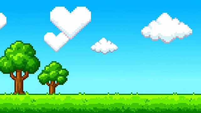 Vibrant 8 bit pixel art landscape with green grass, blue sky, heart-shaped clouds, and two trees in a retro 8-bit style.