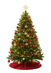 Fototapeta premium Traditional green fir christmas tree densely decorated with red and gold ornaments, golden garlands, and warm led lights, set on a red skirt against a transparent background. Festive christmas