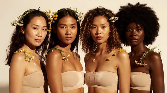 Diverse women with floral headpieces pose in harmony medium studio shot featuring natural light beauty skin and radiant