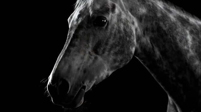 Dramatic Monochrome Portrait of Gray Horse in Dark Studio Isolated on Black Background Horse Equine Mammal Stallion