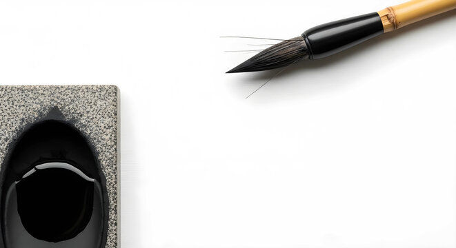 書道道具の筆と硯を配置した和風フレーム素材 白背景 16:9