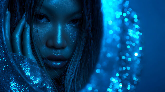 Mysterious portrait of a woman in blue, illuminated by a celestial glow. Her gaze is intense, radiating a sense of wonder and elegance