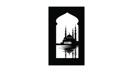 Obraz premium Silhouette of mosque architecture through archway with reflection in water, monochrome style