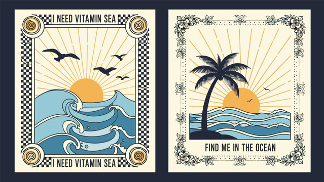 Pair of vintage inspired beach posters with sea themed quotes featuring waves gulls sun and palm trees on aged background.