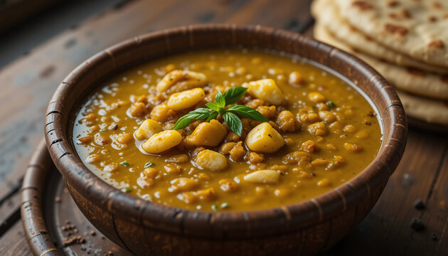 A close-up plonge shot of dal fry served in a traditional clay bowl