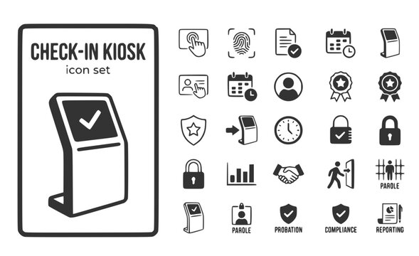 Check-In Kiosk Parole-Reporting Compliance-Kiosk Probation-Check-In Automated-Reporting Touchscreen-Stand Parole-Office Vector Icon Set - Parole Kiosk