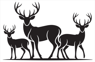 Fototapeta premium Deer silhouette vector, Black silhouette of deer vector bundle logo illustration set, deer head art, deer antlers vector illustration retro on white background.