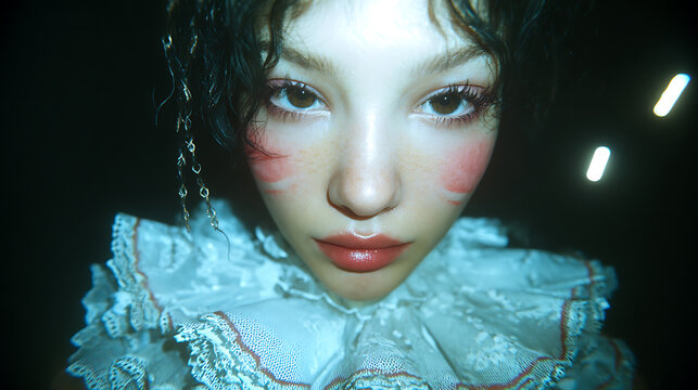 A Portrait of a woman with red rouge makeup and delicate jewelry in a dark ambiance