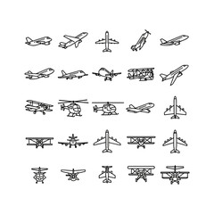 Collection of various aircraft and helicopters in outline style.