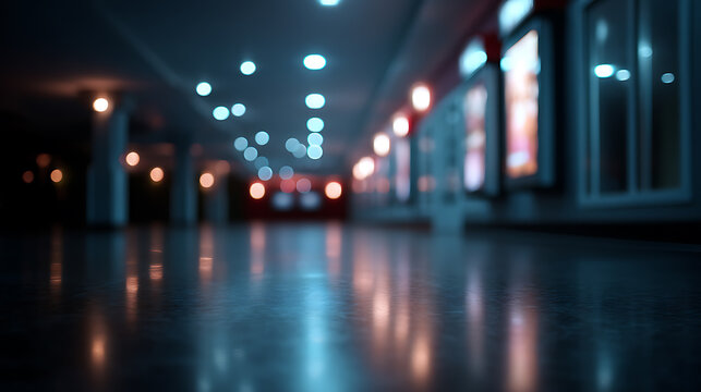 An atmospheric photo of a train station platform, with blurred lights and reflections, creating a sense of movement and depth. The scene is dominated by a long, polished floor