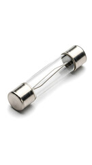 Single glass electrical fuse isolated on a pristine white background, a vital component for overcurrent protection in various electronic circuits and devices