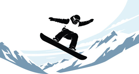 Fototapeta premium High-flying snowboarder illustration, capturing the adrenaline and skill of winter sports, reminiscent of thrilling Winter Olympics snowboarding competitions on snowy mountain slopes