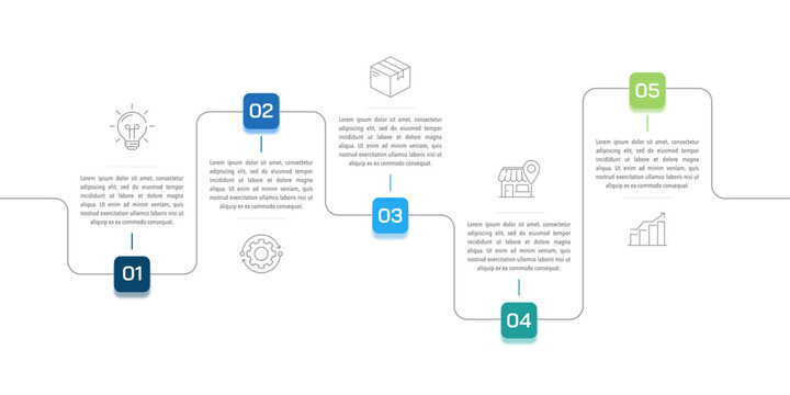 Business timeline 5 steps to success. Infographic roadmap design template. Presentation, Milestone, Annual report and information. Vector Illustration.