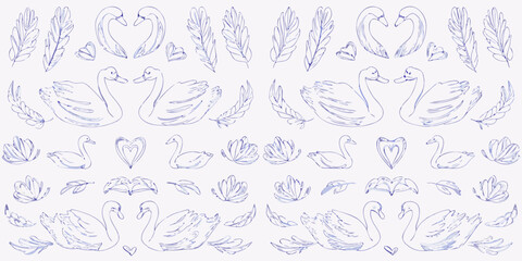 Blue line art pattern featuring swans hearts and delicate feather illustrations © ShibuProsad