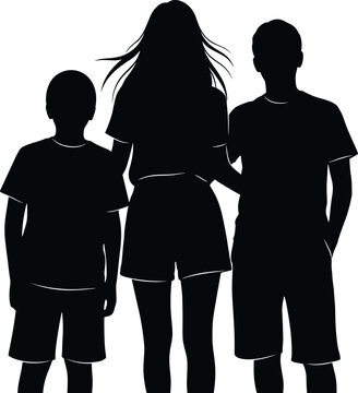 Black silhouette of three young friends or siblings standing together in a row representing family unity brotherhood and childhood friendship on white background