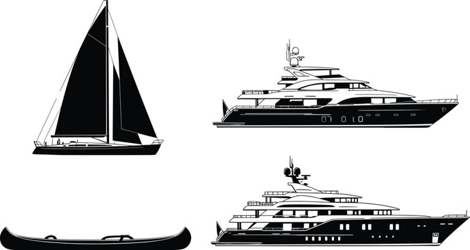 Black silhouette set of various watercraft featuring a sailing yacht, luxury motor yachts, and a long canoe for maritime travel and recreation.