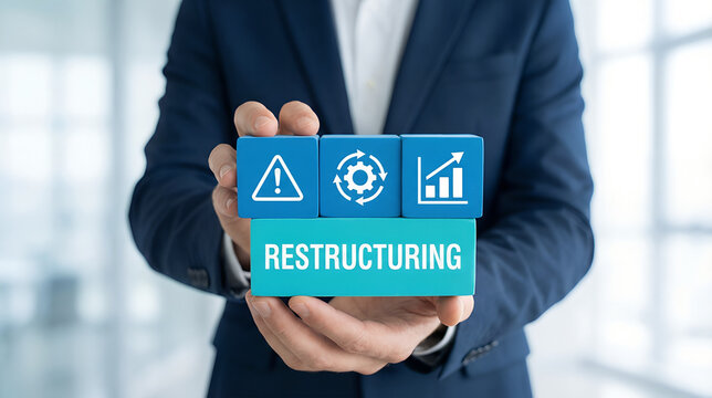 Concept of restructuring business and making company profitable. Avoid losses, make a profit. Increase efficiency, reduce costs. New RESTRUCTURING.