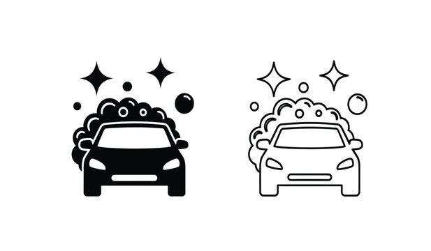 Black and white car wash icons with soap bubbles and stars on a pure