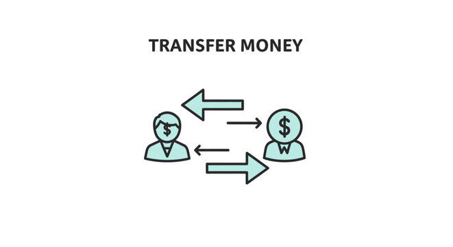 This image represents a flat illustration focused on online money transfer, digital payments, financial transactions, and secure exchange of funds between users. The visual style is clean, professiona