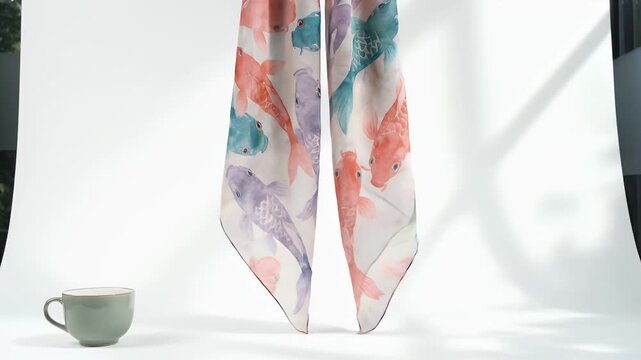 Silk Scarf Featuring Watercolor Fish Design on White Backdrop with Subtle Shadow Play and Pastel Colored Coffee Mug