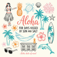 Aloha State of Mind Whimsical Illustration Collection with Hawaiian Aesthetic, Playful Tropical Art Set Inspired by Island Culture, Perfect for T-Shirts, Posters, Stickers, Branding, and Lifestyle © RIO TOO