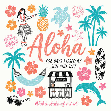 Aloha State of Mind Whimsical Illustration Collection with Hawaiian Aesthetic, Playful Tropical Art Set Inspired by Island Culture, Perfect for T-Shirts, Posters, Stickers, Branding, and Lifestyle