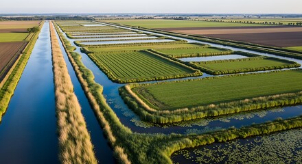 Aerial View of Green Agricultural Fields and Water Channels in Rural Landscape