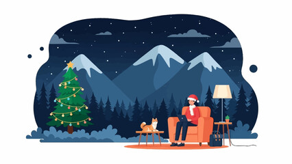 Fototapeta premium Person in Santa hat works on laptop by Christmas tree, dog nearby, snowy mountains