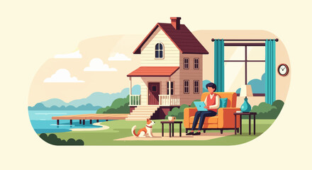 Obraz premium Person on couch with dog and laptop, house by lake